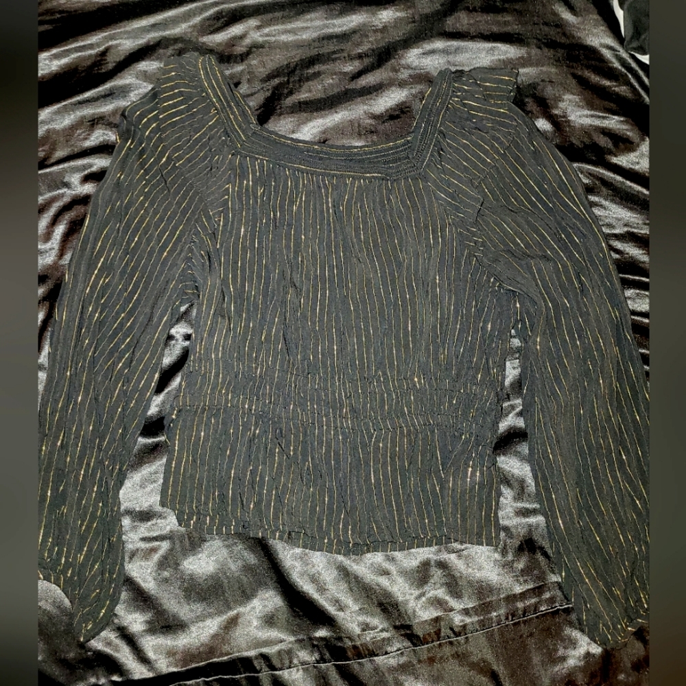 NWOT Black and Gold Sheer Pinstripe Cropped Blouse with Elastic Waistband